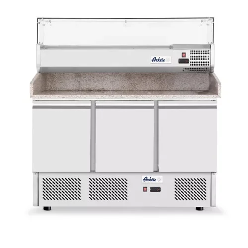 Hendi - Pizzapult 3 ajtós, alsó aggregáttal, feltéthűtővel, gránit lappal 380+40L, Arktic, 254L, 230V/400W, 1400x700x(H)1491mm Legjobb ár