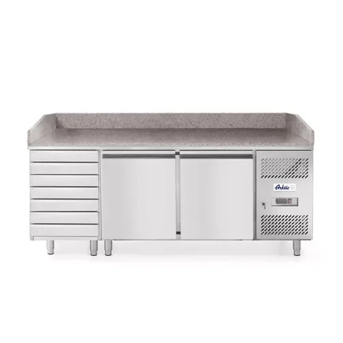 Szezonális akció Hendi - Pizzapult - 2 ajtós, 7 fiókkal, jobboldali aggregáttal, gránit lappal 250L, Arktic, 230V/250W, 2020x802x(H)1000mm