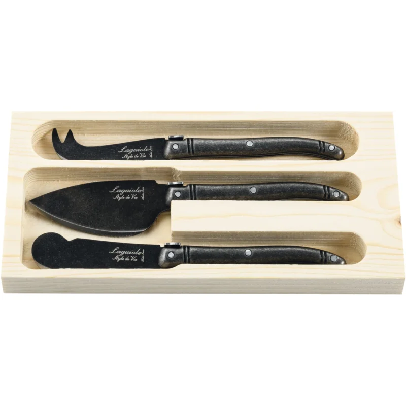 Kedvezményes ár LAGUIOLE Sajtkések Premium Line Black Stonewash, 3 darabos készlet, rozsdamentes acél, fa tálca