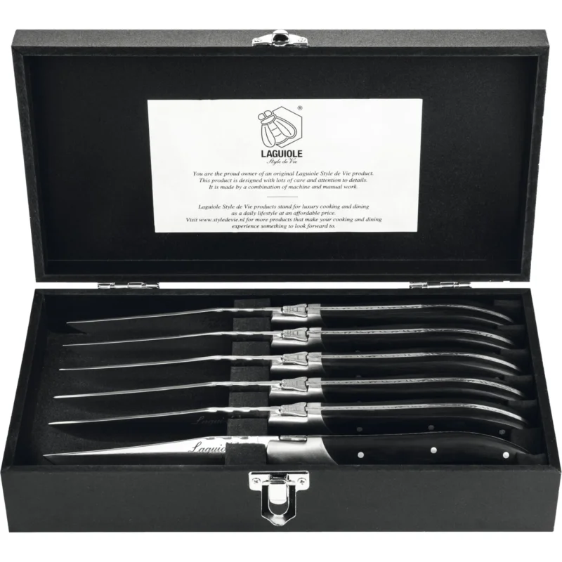 LAGUIOLE Luxury Line Steak kés készlet, fekete ébenfa nyéllel, 6 darabos szett, hossz 230 mm Biztonságos fizetés