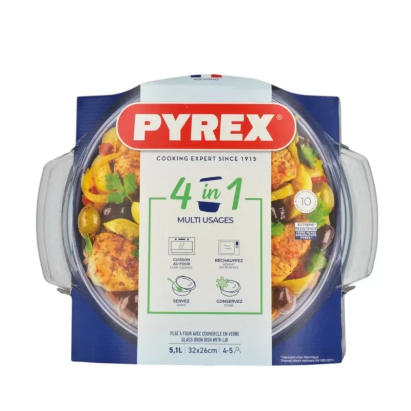 Biztonságos fizetés Pyrex kerek üveg sütőtál fedővel 32 x 26 cm 5,1 liter (3,7 liter + 1,4 liter)
