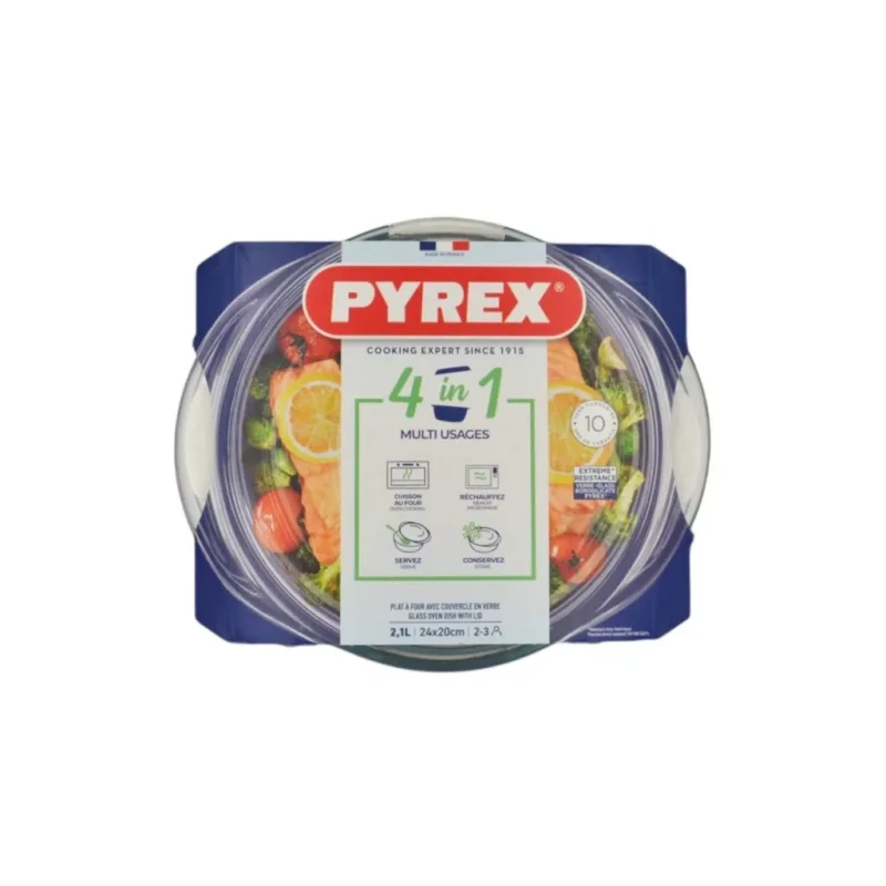 Kedvezményes ár Pyrex kerek üveg sütőtál fedővel 24 x 20 cm 2,1 liter (1,6 liter + 0,5 liter)