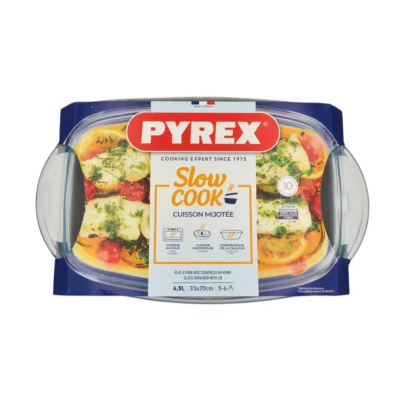 Pyrex Slow Cook szögletes üveg sütőtál fedővel 33 x 20 cm 4,5 liter (2,9 liter + 1,6 liter) Outlet