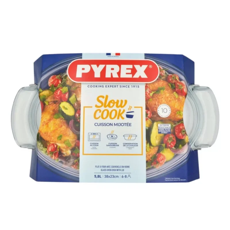 Pyrex Slow Cook ovális üveg kacsasütő tepsi fedővel 38 x 23 cm 5,8 liter (4,4 liter + 1,4 liter) Csak ma