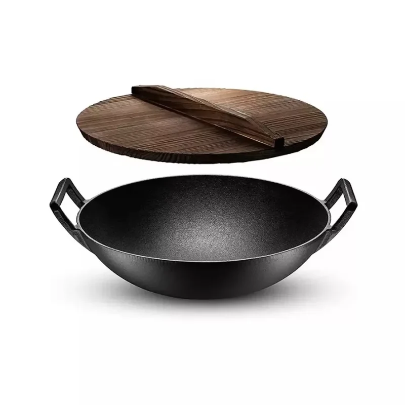 Korlátozott ajánlat Öntöttvas hagyományos kínai Wok fa fedővel nagy 36,5 cm